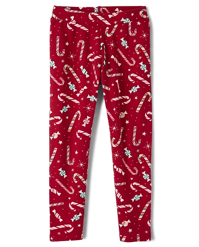 Girls Candy Cane Winter Warm Leggings