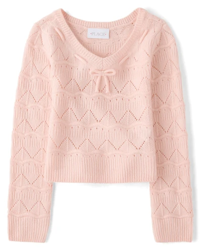 Girls Pointelle Bow Sweater