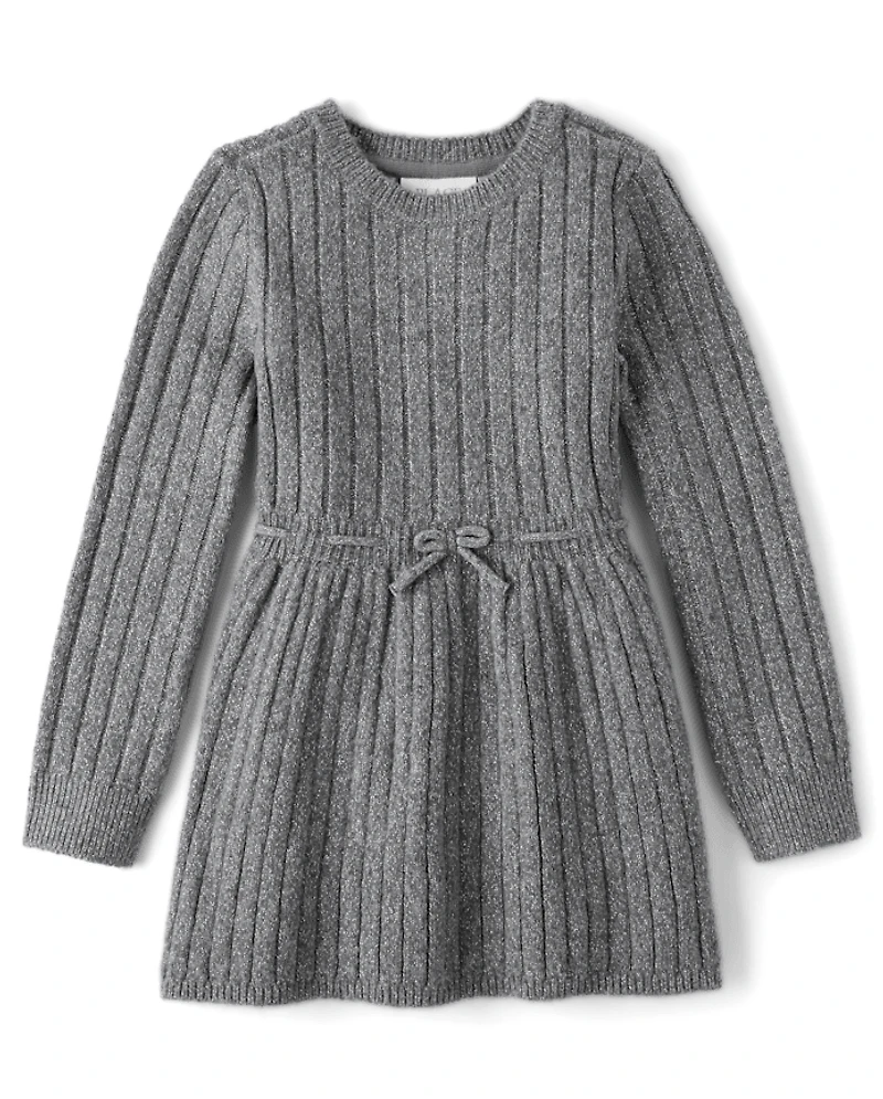 Girls Bow Ribbed Sweater Dress