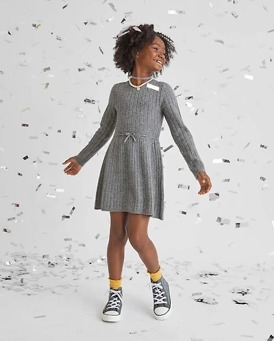 Girls Bow Ribbed Sweater Dress