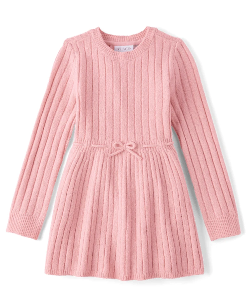 Girls Bow Ribbed Sweater Dress