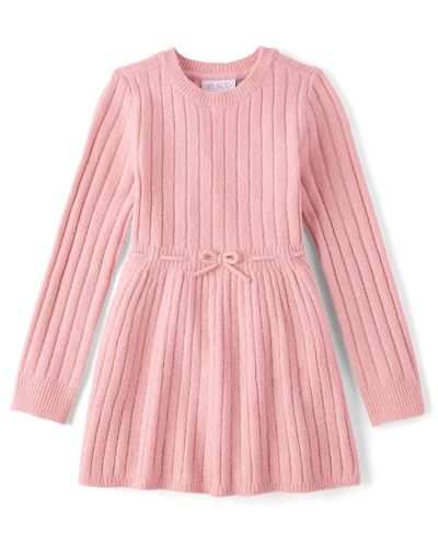 Girls Bow Ribbed Sweater Dress