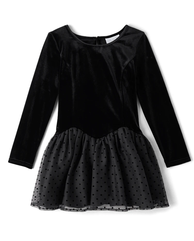 Girls Flocked Polka Dot Drop Waist Tutu Dress