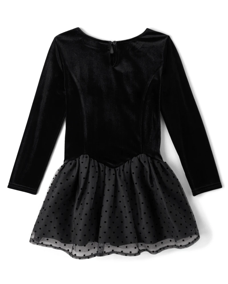 Girls Flocked Polka Dot Drop Waist Tutu Dress