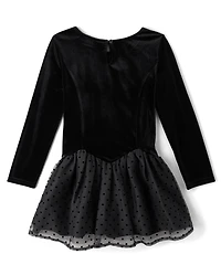 Girls Flocked Polka Dot Drop Waist Tutu Dress