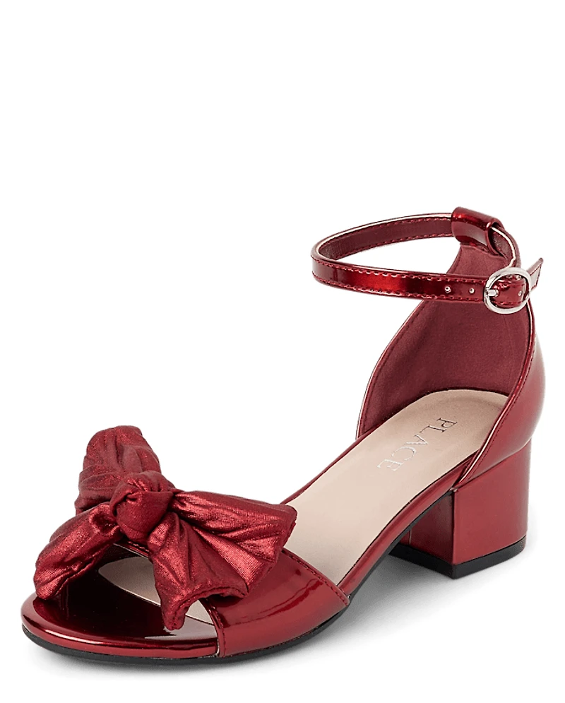 Girls Metallic Bow Block Heels