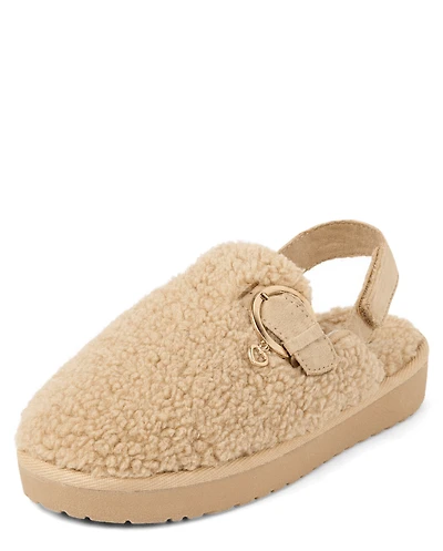 Girls Heart Charm Teddy Slip Ons