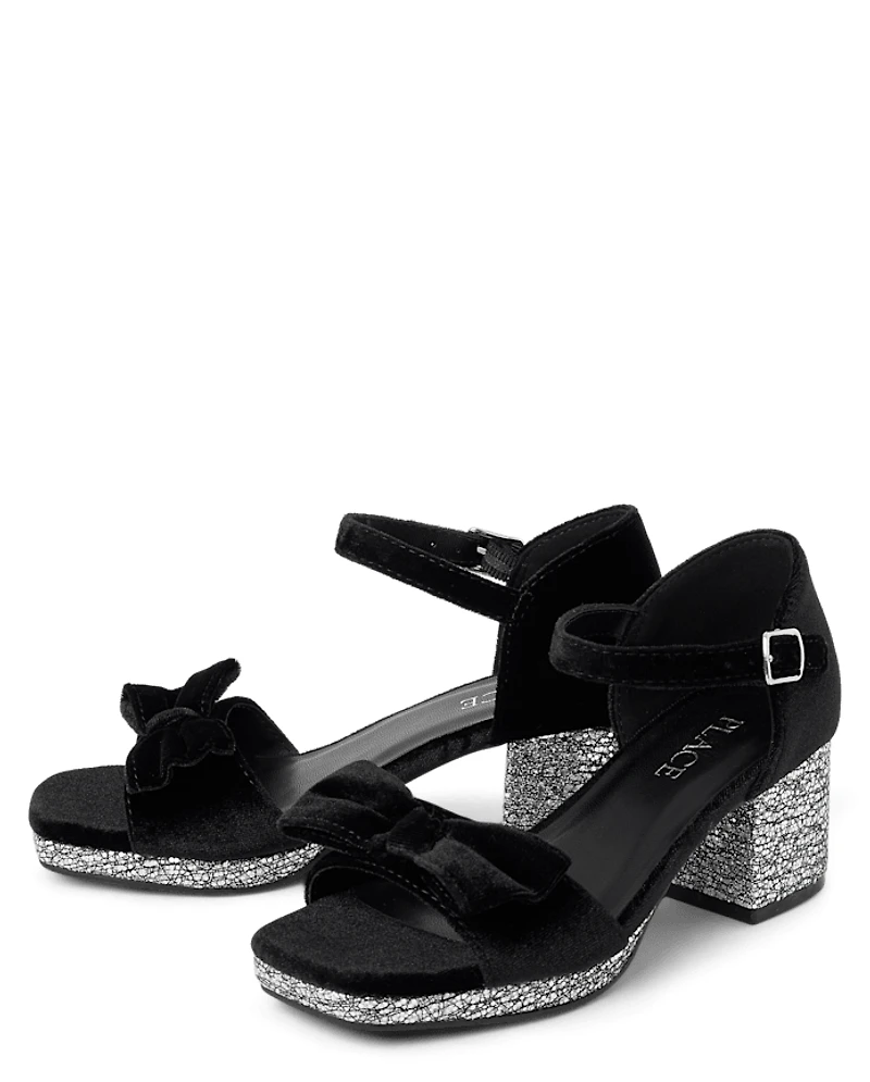 Girls Glitter Velvet Platform Block Heels