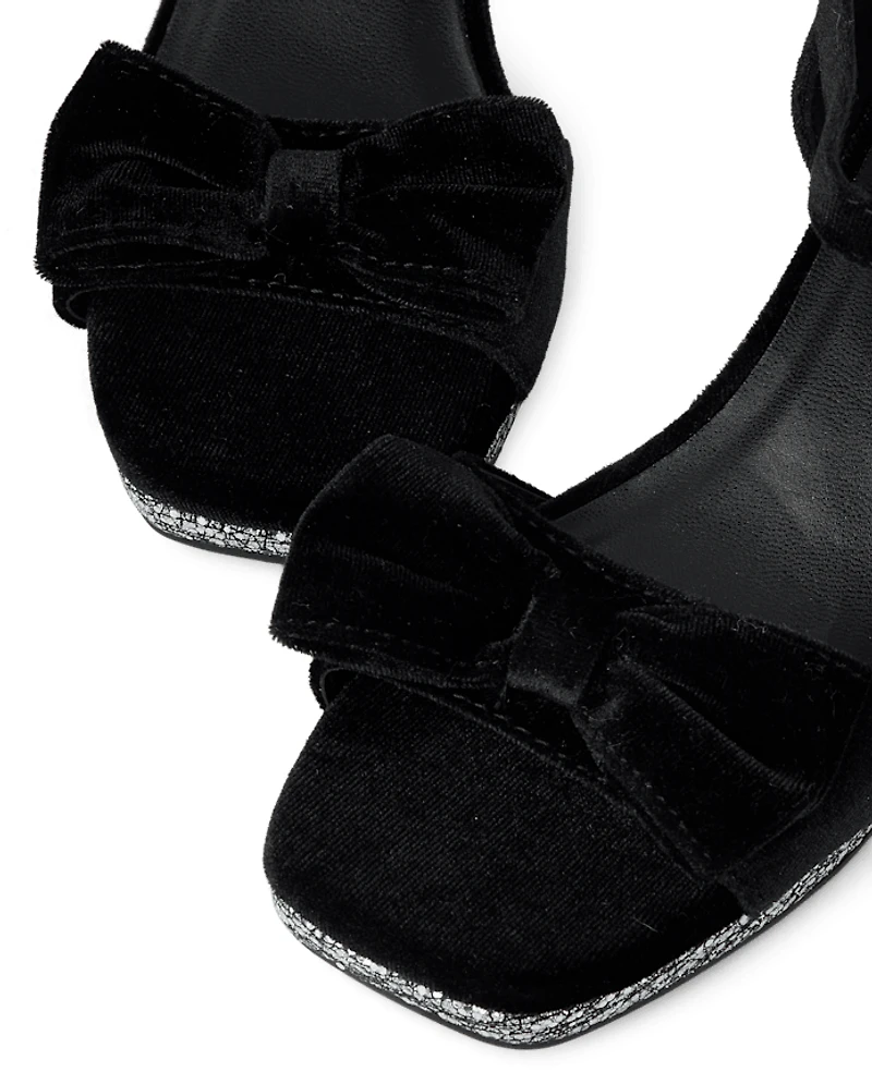 Girls Glitter Velvet Platform Block Heels