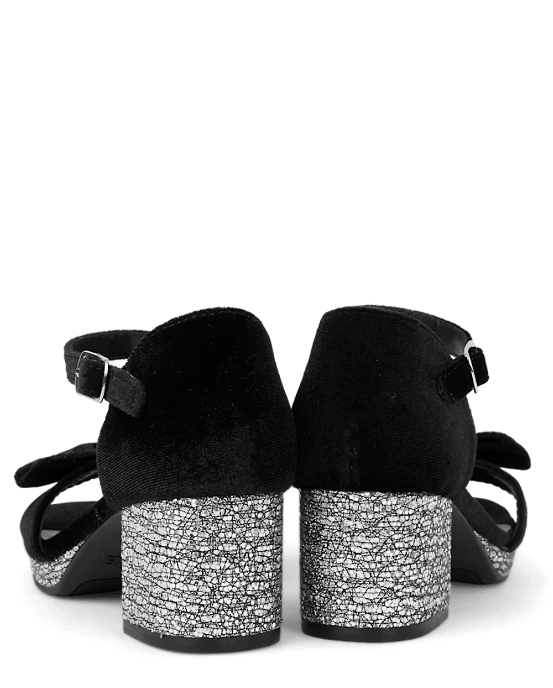 Girls Glitter Velvet Platform Block Heels