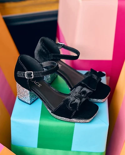 Girls Glitter Velvet Platform Block Heels