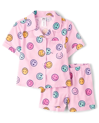 Girls Rainbow Happy Face Button Front Pajamas