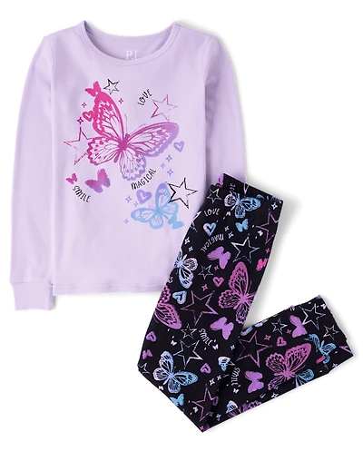 Girls Butterfly Snug Fit Cotton Pajamas