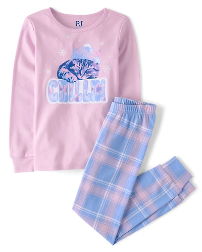 Pyjama en coton ajusté avec bonnet à motif chat pour fille