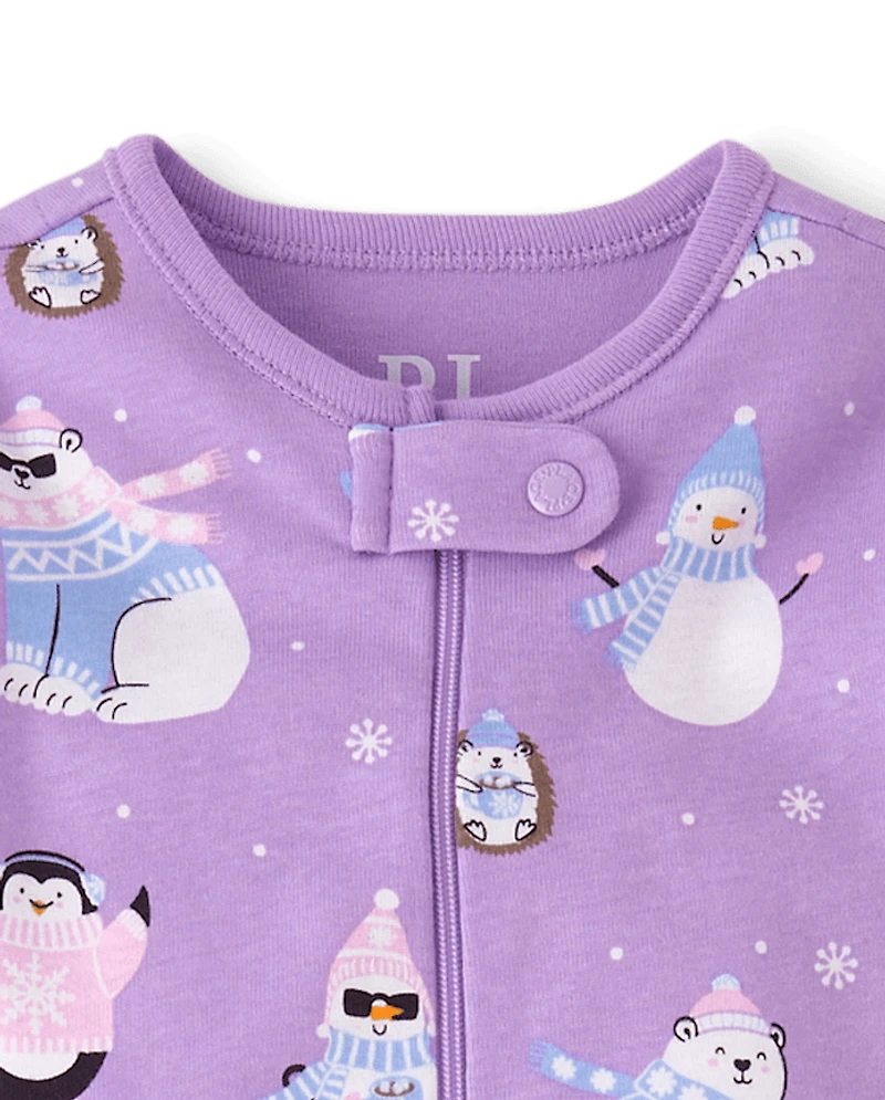 Pyjama une pièce en coton à pieds, motif animaux d'hiver, pour bébés et petites filles