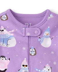 Pyjama une pièce en coton à pieds, motif animaux d'hiver, pour bébés et petites filles