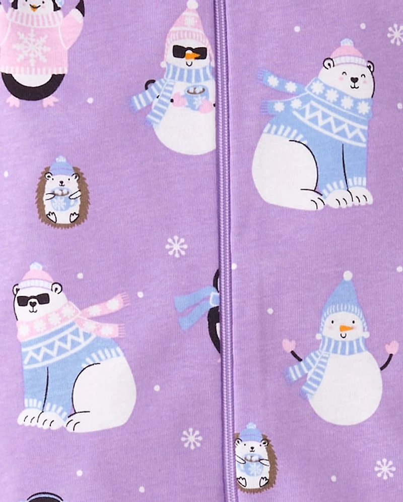 Pyjama une pièce en coton à pieds, motif animaux d'hiver, pour bébés et petites filles
