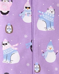 Pyjama une pièce en coton à pieds, motif animaux d'hiver, pour bébés et petites filles