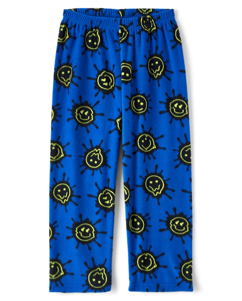 Pantalon de pyjama en microfibre polaire à motif visage souriant pour garçon