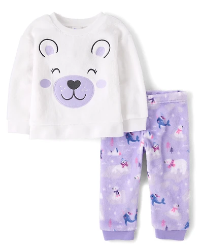 Baby And Toddler Girls Embroidered Polar Bear Pajamas - Cozy Fleece