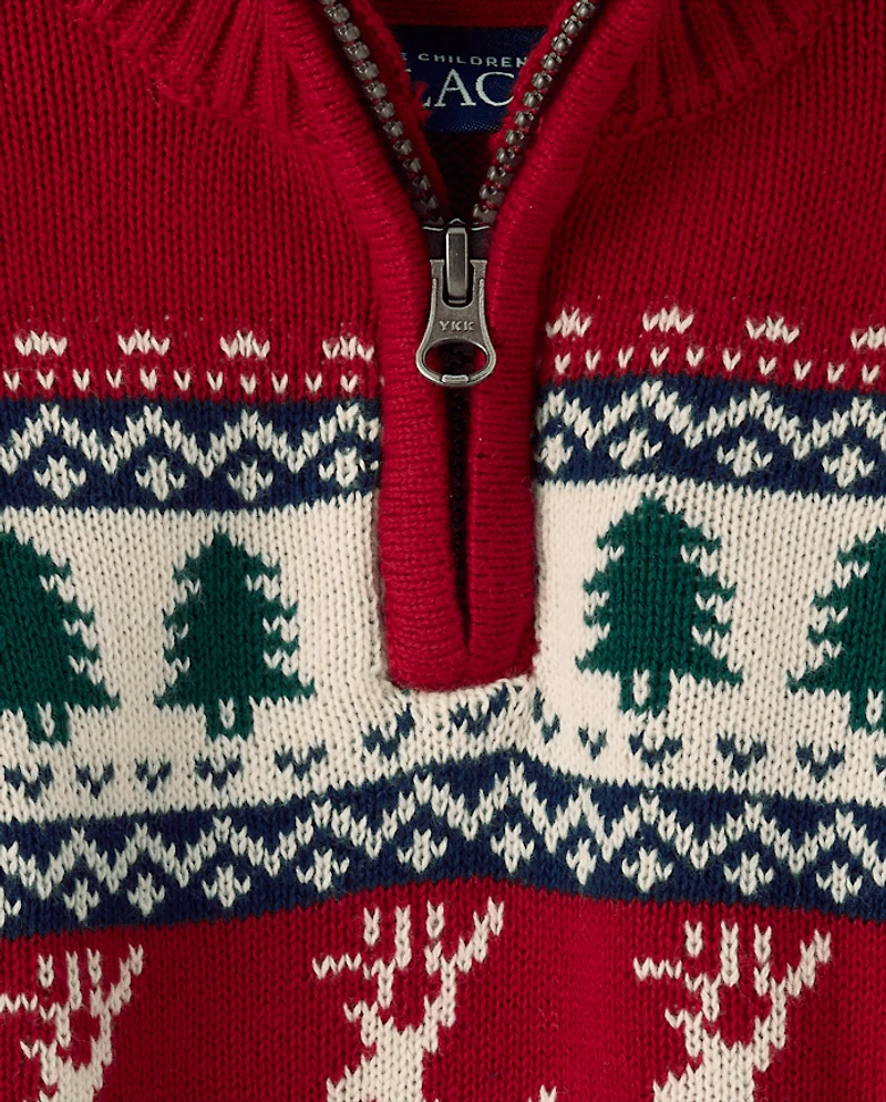 Baby And Toddler Boys Reindeer Fairisle Quarter Zip Sweater