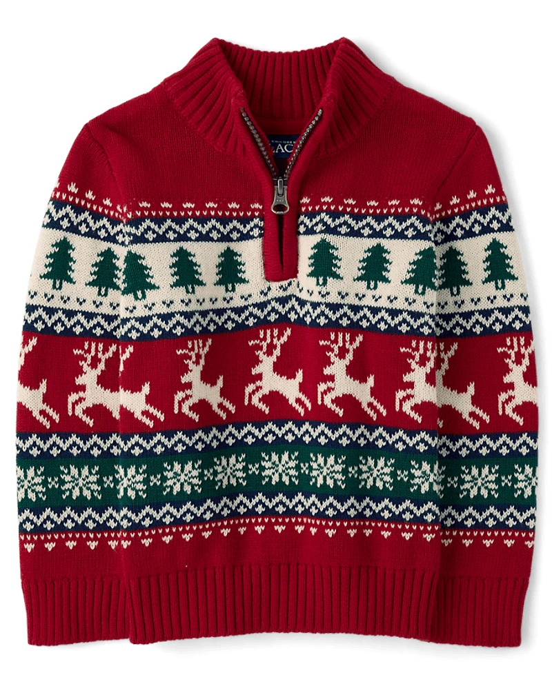 Baby And Toddler Boys Reindeer Fairisle Quarter Zip Sweater