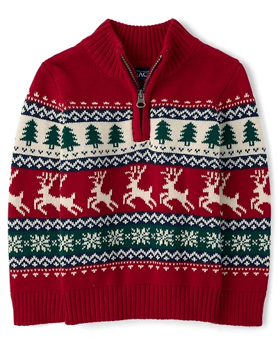 Baby And Toddler Boys Reindeer Fairisle Quarter Zip Sweater