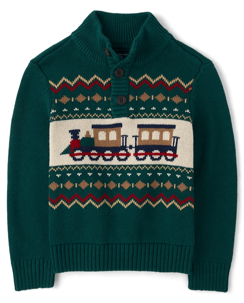 Baby And Toddler Boys Train Fairisle Mock Neck Sweater