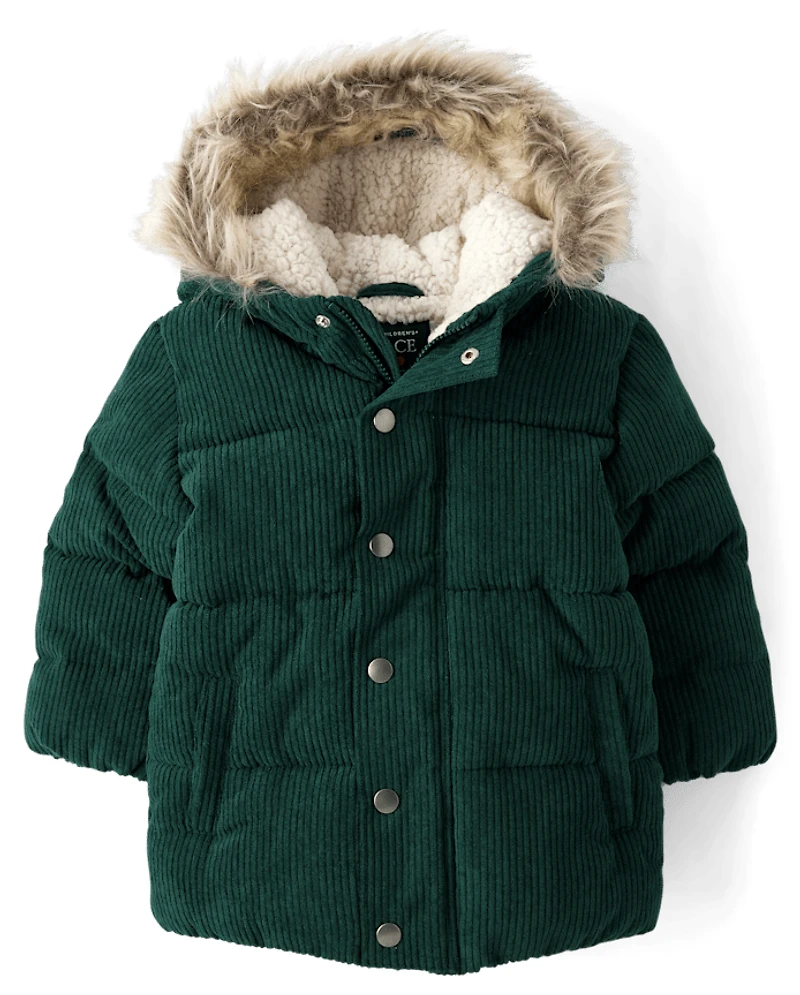 Baby And Toddler Boys Embroidered Tree Heavyweight Sherpa Lined Corduroy Puffer Jacket