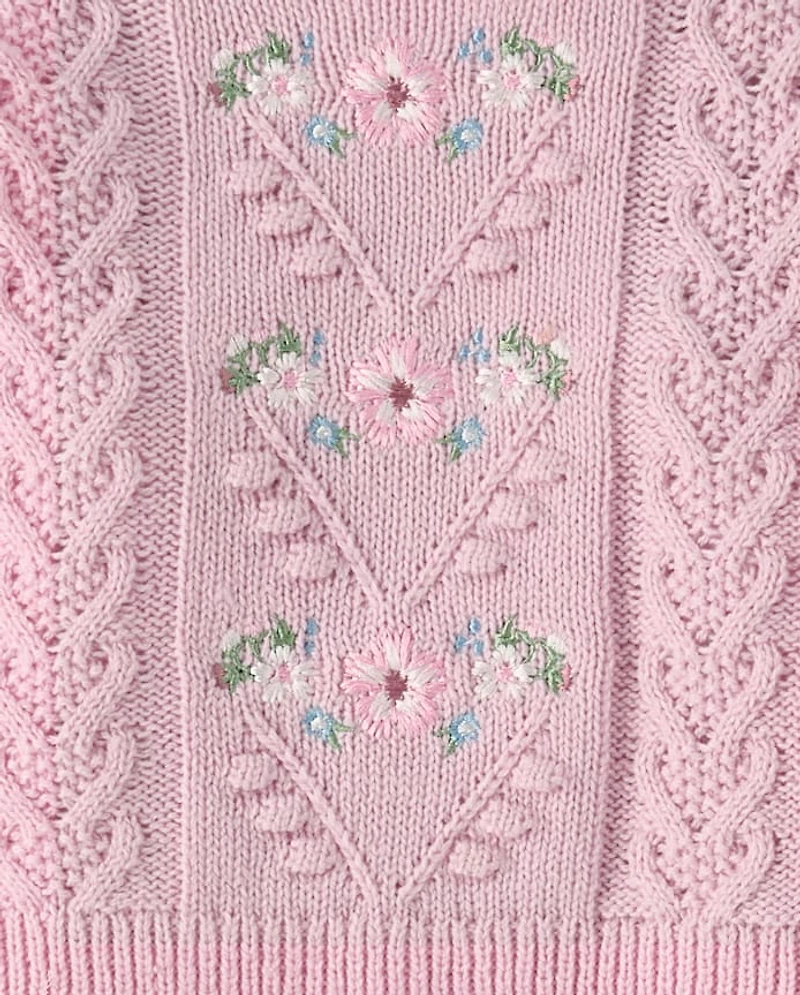 Baby Girls Embroidered Floral Cable Knit Sweater 2-Piece Playwear Ser