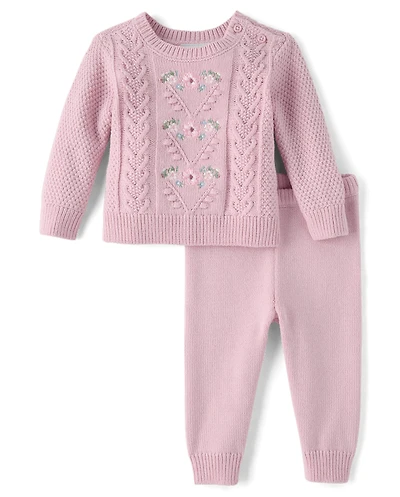 Baby Girls Embroidered Floral Cable Knit Sweater 2-Piece Playwear Ser
