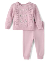 Baby Girls Embroidered Floral Cable Knit Sweater 2-Piece Playwear Ser