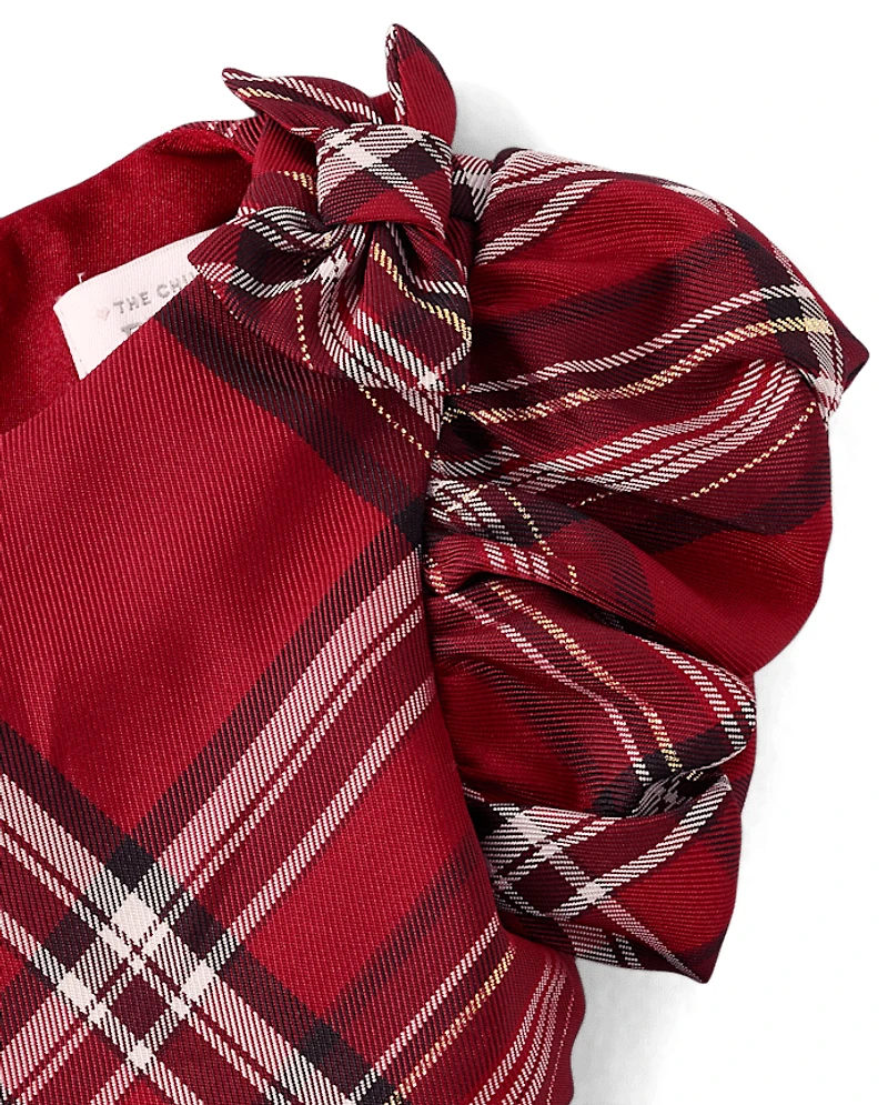 Baby Girls Matching Family Bow Plaid Satin Fit And Flare Dress