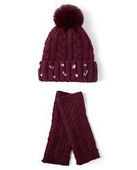 Girls Jeweled Cable Knit 2-Piece Cold Weather Set