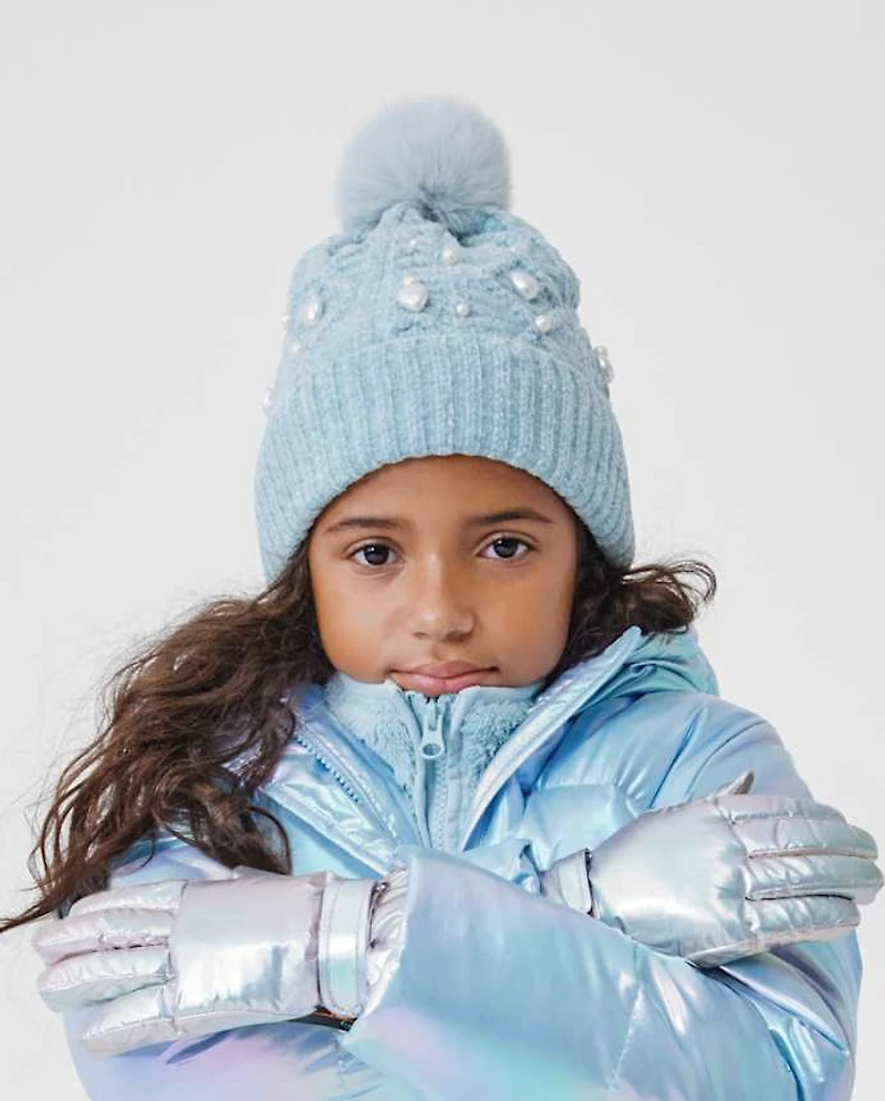 Girls Cable Knit Faux Pearl Pom Beanie