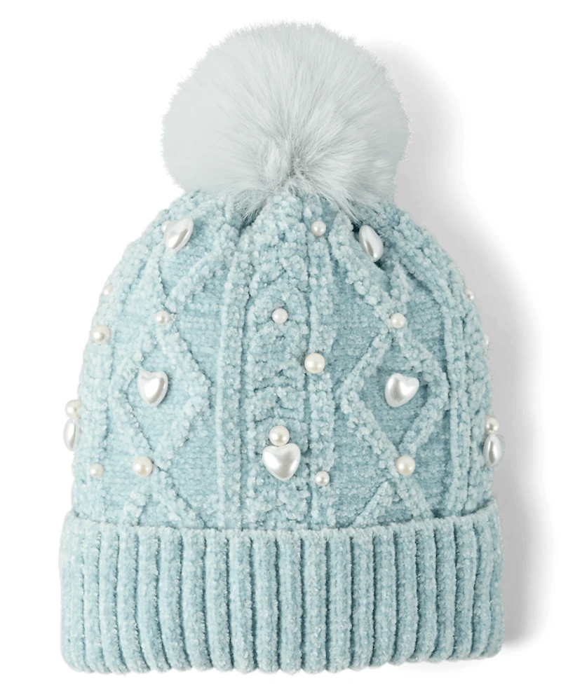 Girls Cable Knit Faux Pearl Pom Beanie
