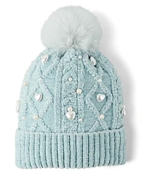 Girls Cable Knit Faux Pearl Pom Beanie