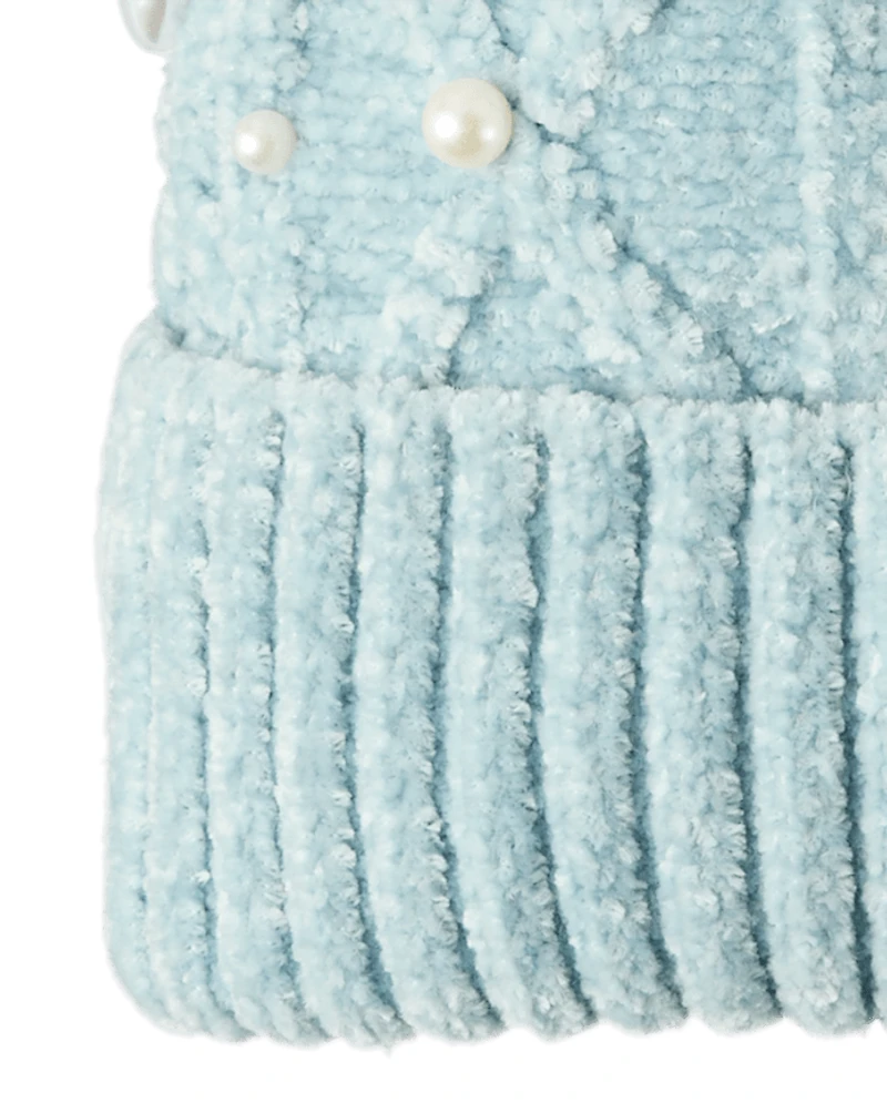 Girls Cable Knit Faux Heart Pearl Pom Beanie