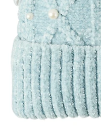 Girls Cable Knit Faux Heart Pearl Pom Beanie