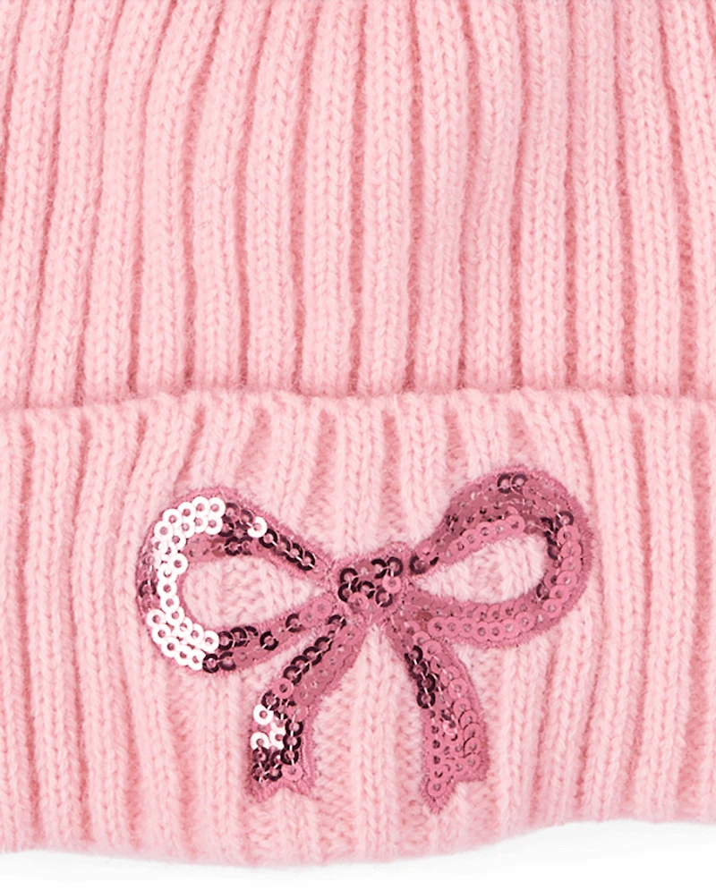 Lot de 2 bonnets à pompon et nœud pour fille