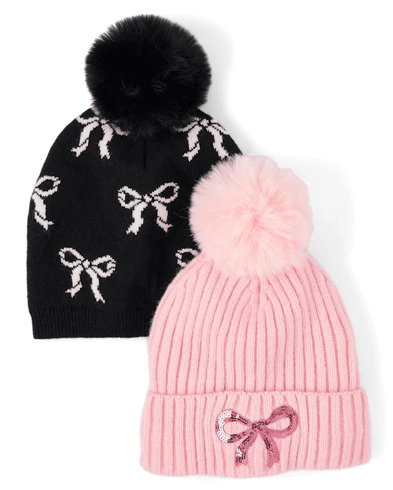 Girls Bow Pom Beanie 2-Pack