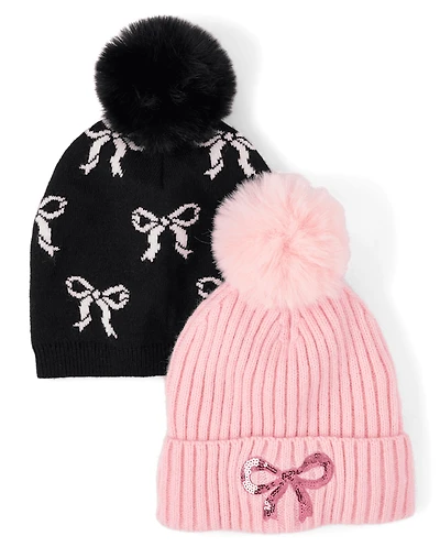 Girls Bow Pom Beanie 2-Pack