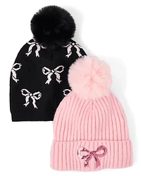 Girls Bow Pom Beanie 2-Pack