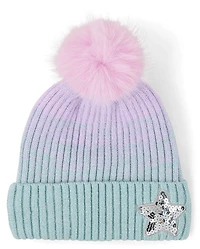 Girls Ombre Sequin Star Pom Beanie