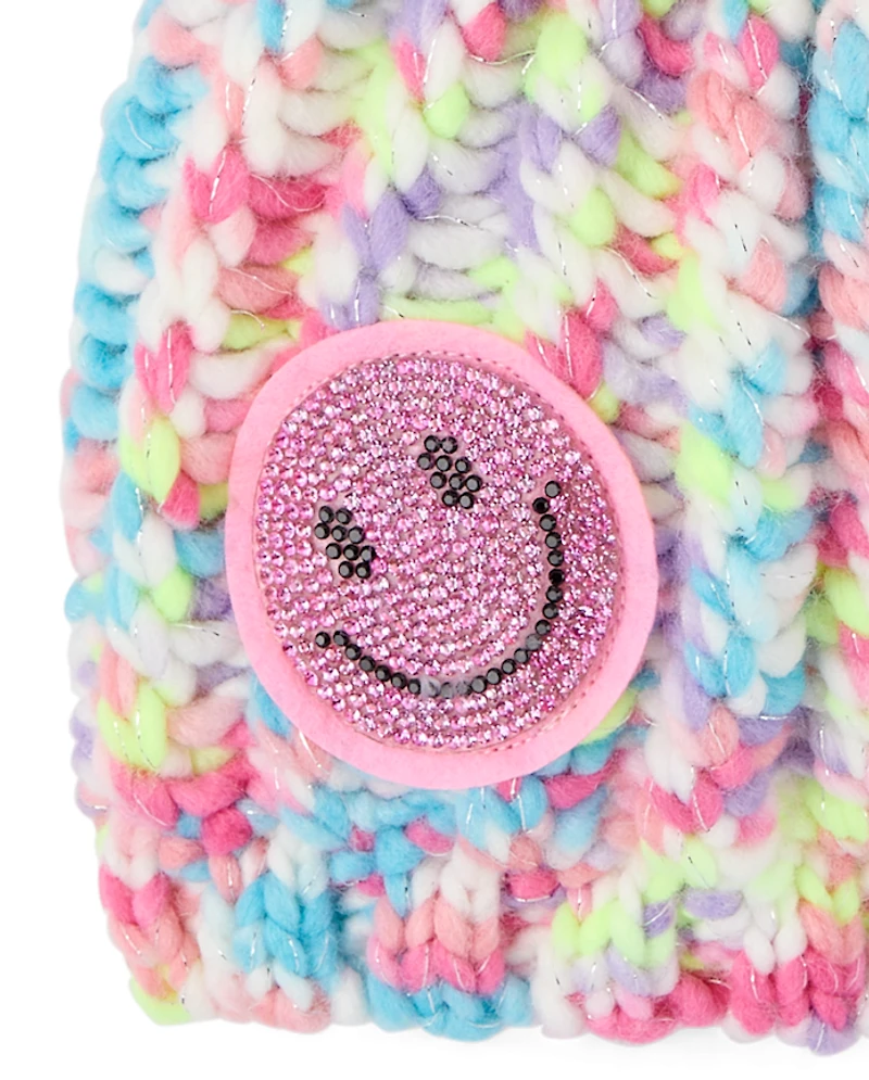 Girls Rainbow Embroidered Icon Pom Beanie