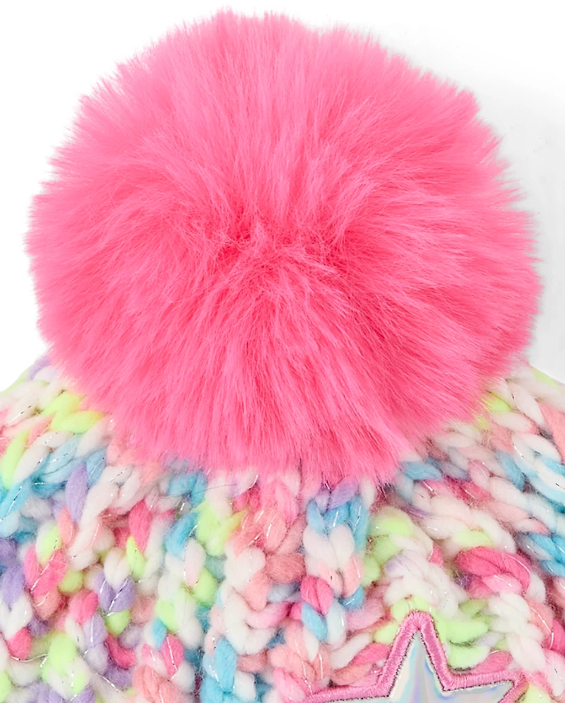 Girls Rainbow Embroidered Icon Pom Beanie