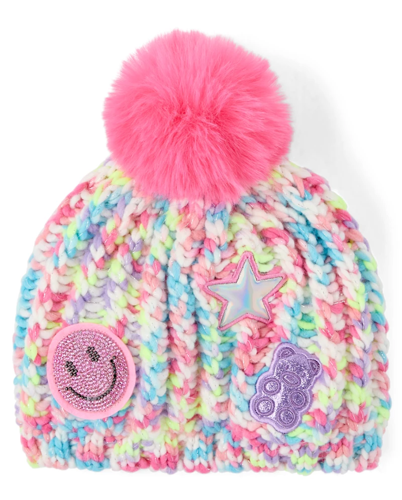 Girls Rainbow Embroidered Icon Pom Beanie