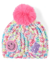Girls Rainbow Embroidered Icon Pom Beanie
