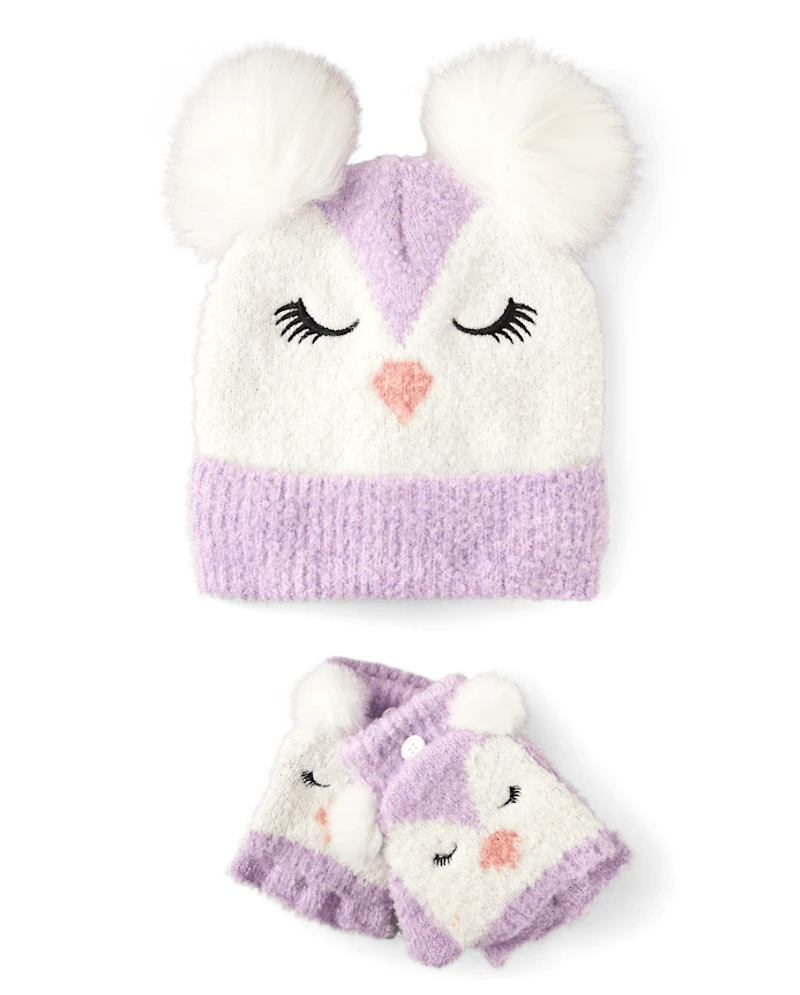 Girls Embroidered Owl 2-Piece Cold Weather Set