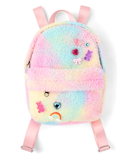 Mini sac à dos en simili-sherpa à breloques arc-en-ciel pour filles